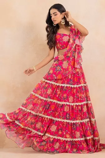 Pink floral flared pre-draped saree