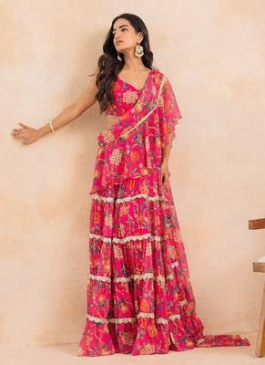 Pink floral flared pre-draped saree 3