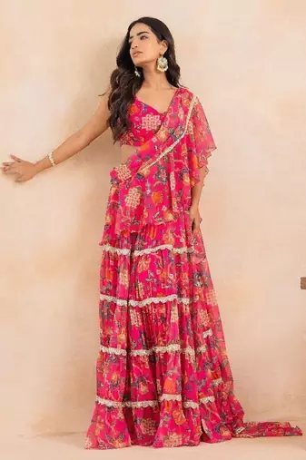 Pink floral flared pre-draped saree