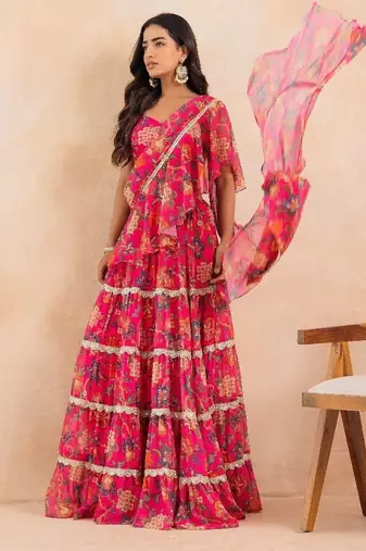 Pink floral flared pre-draped saree