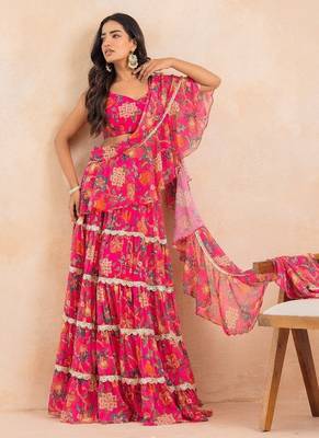 Pink floral flared pre-draped saree 5