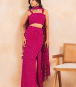 Fuchsia pink bandhej multi-styling set with mirror lace detailing
