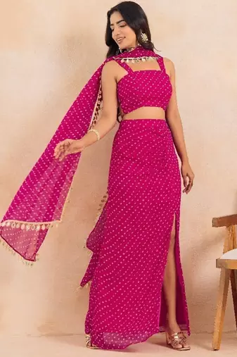 Fuchsia pink bandhej multi-styling set with mirror lace detailing