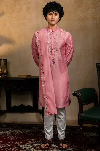 Pink embroidered silk kurta with dupatta