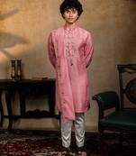 Pink embroidered silk kurta with dupatta