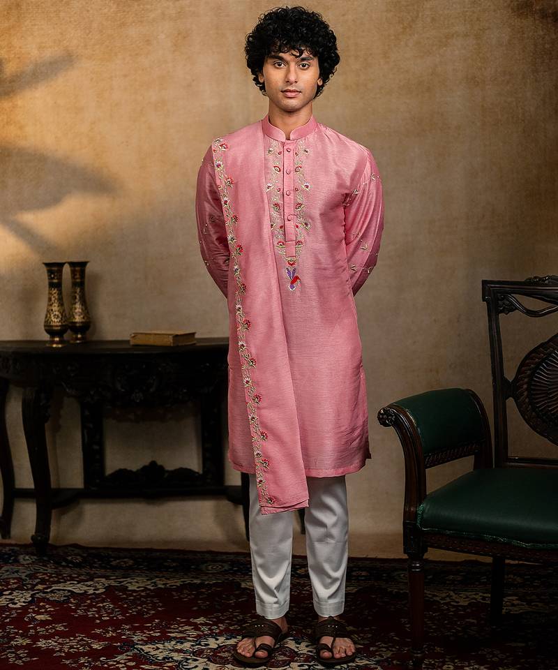 Pink embroidered silk kurta with dupatta