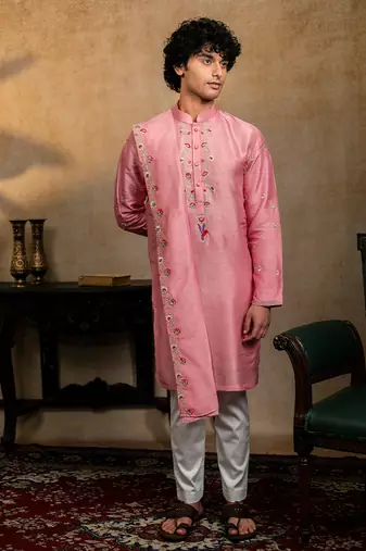 Pink embroidered silk kurta with dupatta