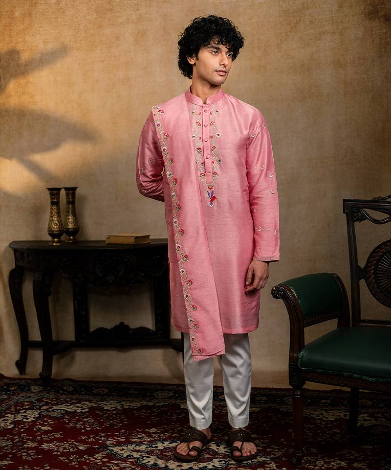 Pink embroidered silk kurta with dupatta