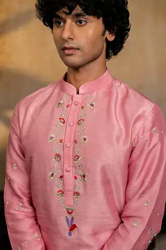 Pink embroidered silk kurta with dupatta