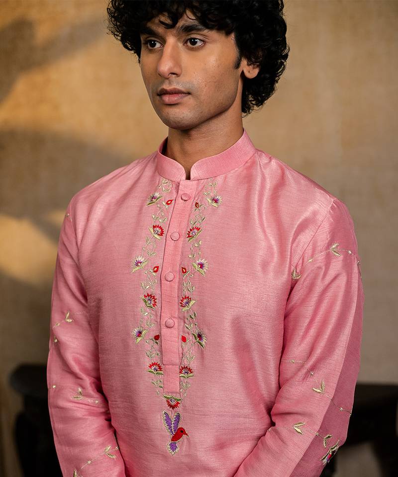 Pink embroidered silk kurta with dupatta