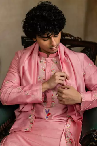 Pink embroidered silk kurta with dupatta