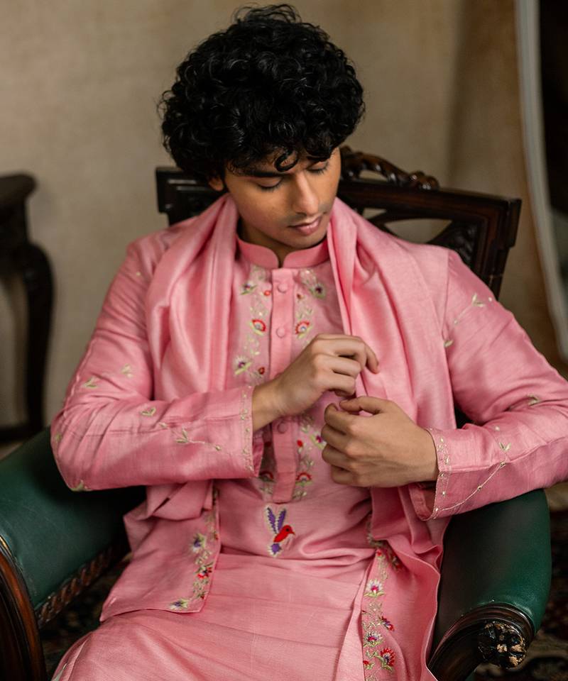 Pink embroidered silk kurta with dupatta