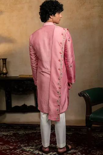Pink embroidered silk kurta with dupatta