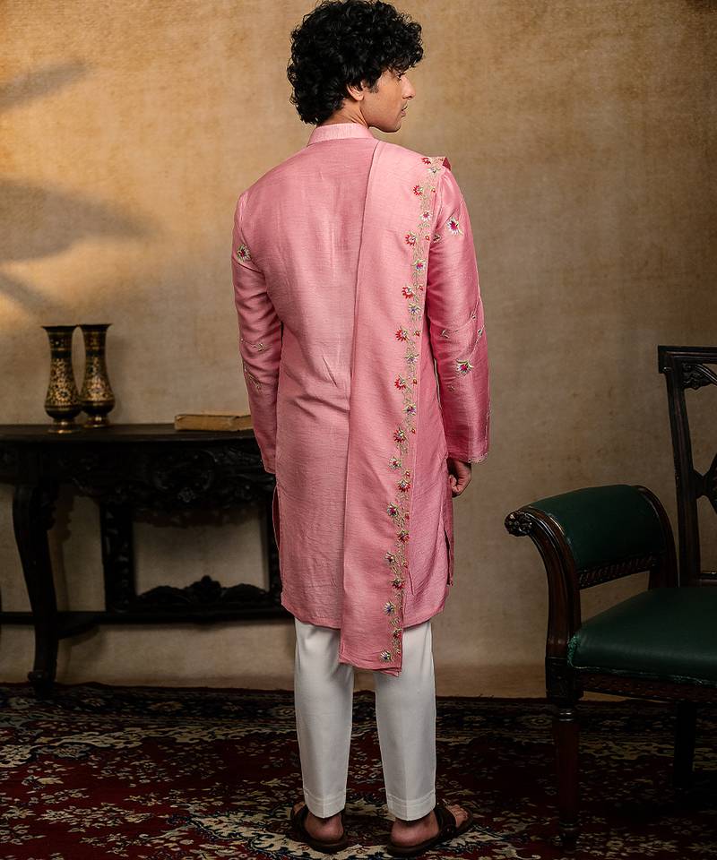 Pink embroidered silk kurta with dupatta