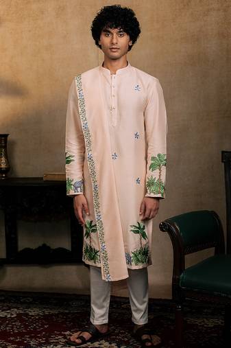 Peach embroidered silk kurta with dupatta