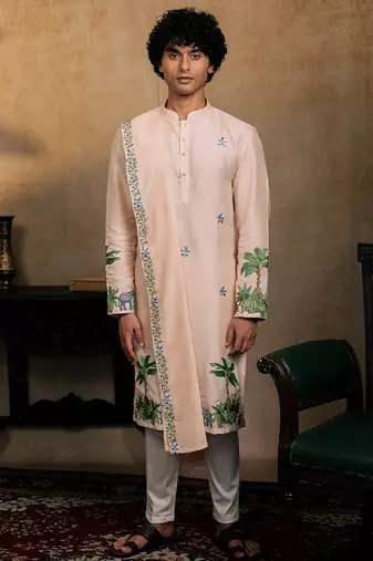 Peach embroidered silk kurta with dupatta