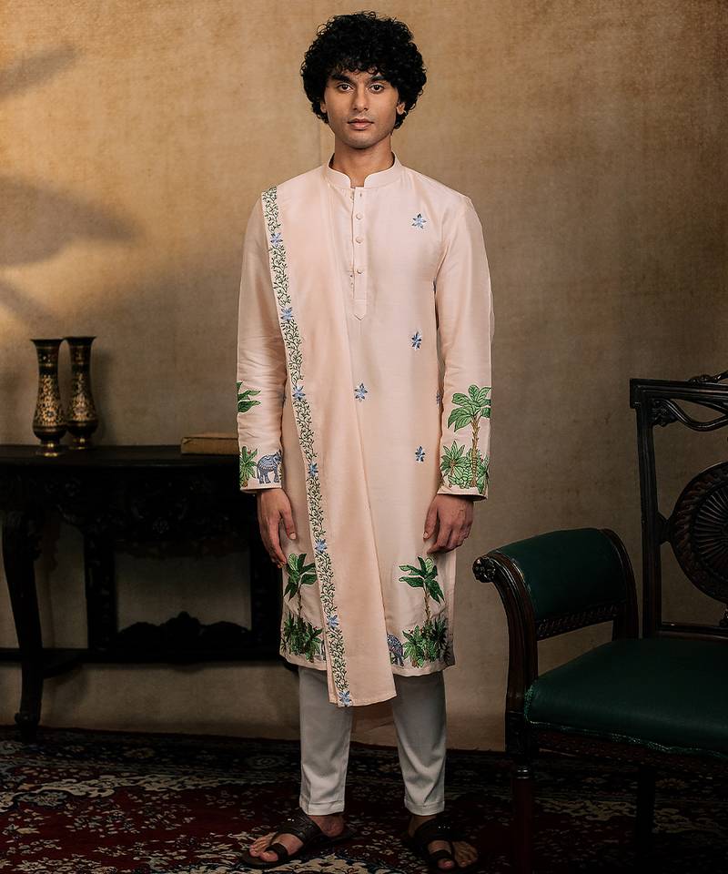 Peach embroidered silk kurta with dupatta