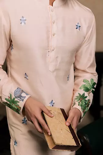 Peach embroidered silk kurta with dupatta