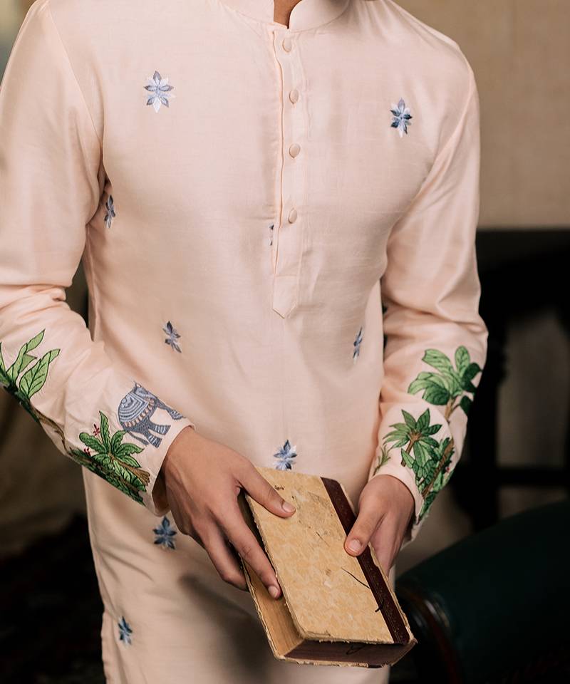 Peach embroidered silk kurta with dupatta
