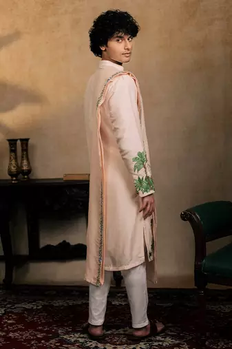 Peach embroidered silk kurta with dupatta