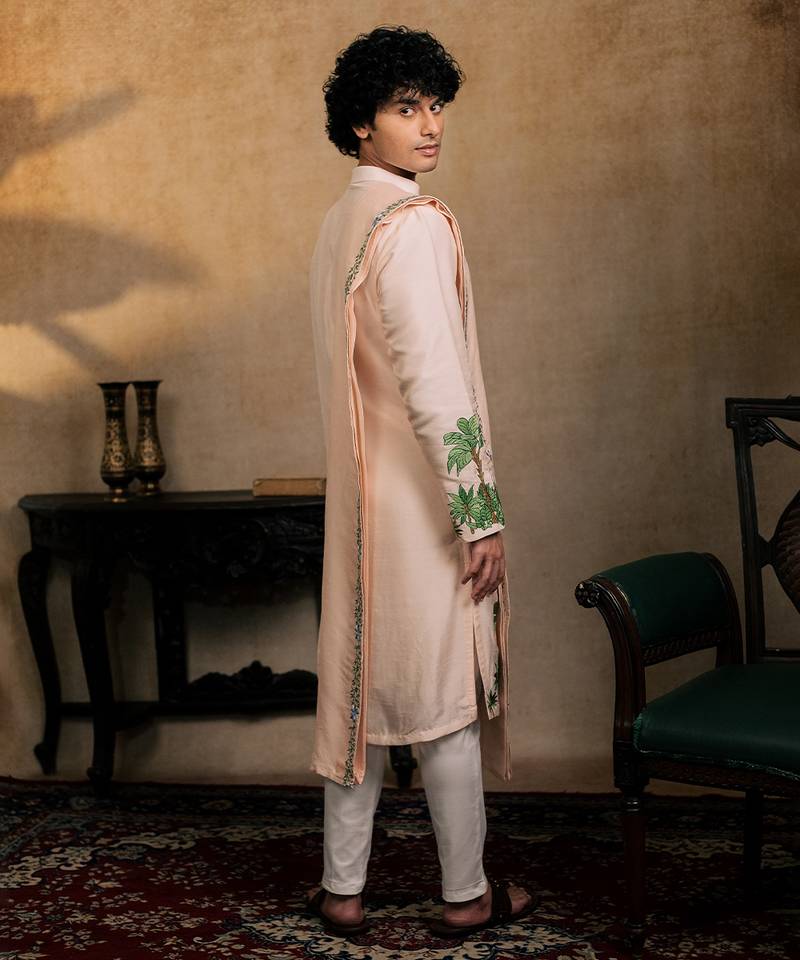 Peach embroidered silk kurta with dupatta