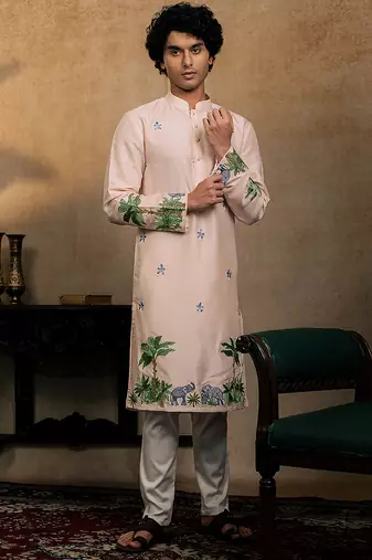 Peach embroidered silk kurta with dupatta