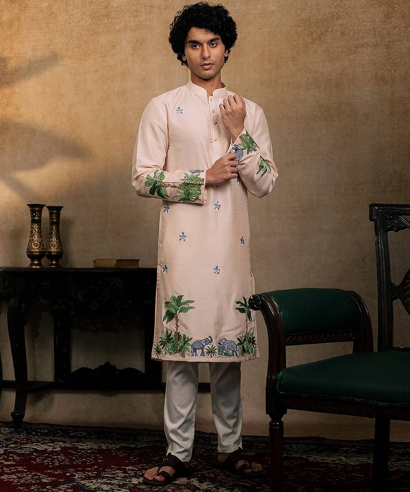 Peach embroidered silk kurta with dupatta