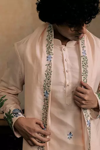Peach embroidered silk kurta with dupatta