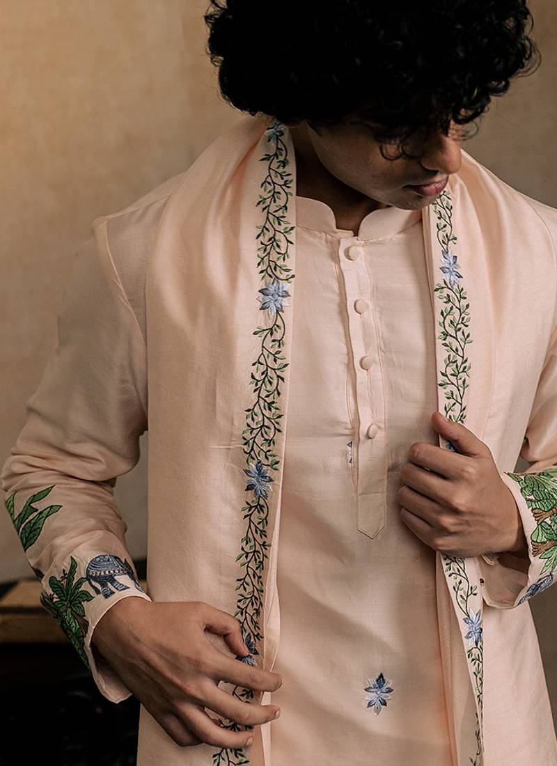 Peach embroidered silk kurta with dupatta