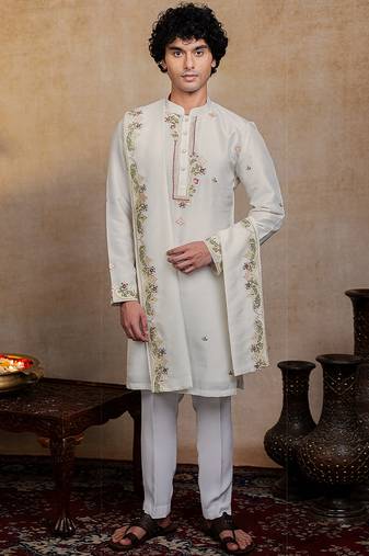 Off white embroidered silk kurta with dupatta