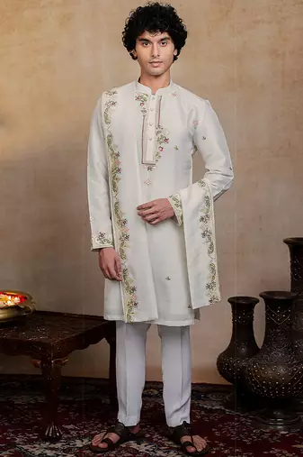 Off white embroidered silk kurta with dupatta