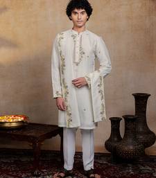 Off white embroidered silk kurta with dupatta