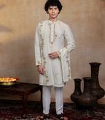 Off white embroidered silk kurta with dupatta
