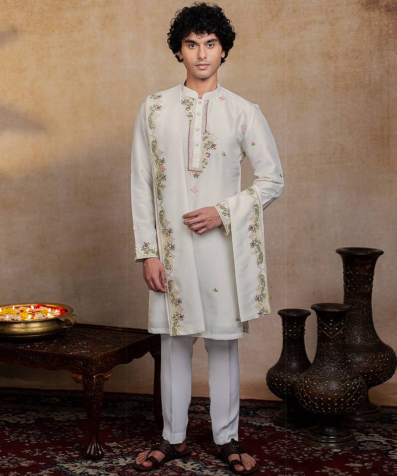Off white embroidered silk kurta with dupatta
