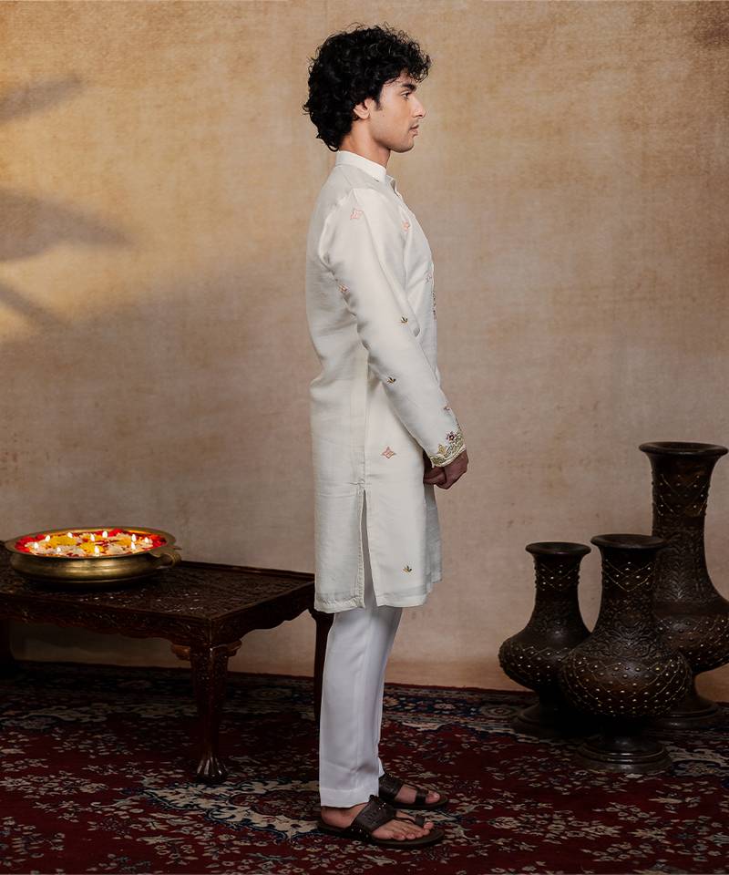 Off white embroidered silk kurta with dupatta