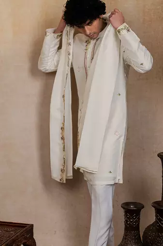 Off white embroidered silk kurta with dupatta