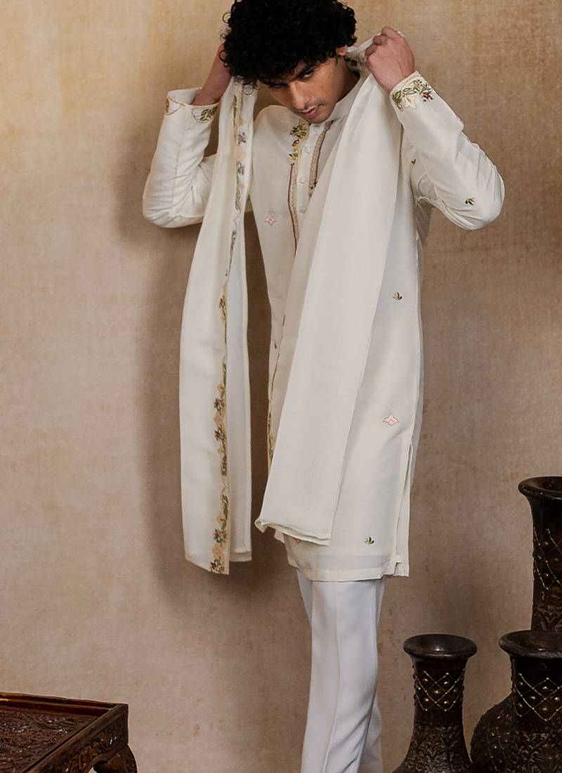 Off white embroidered silk kurta with dupatta