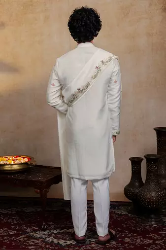 Off white embroidered silk kurta with dupatta