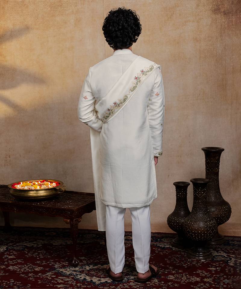 Off white embroidered silk kurta with dupatta