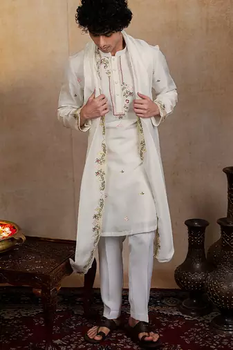 Off white embroidered silk kurta with dupatta