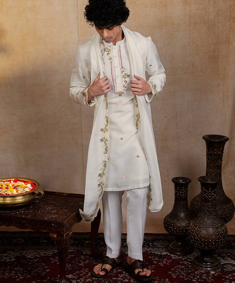 Off white embroidered silk kurta with dupatta