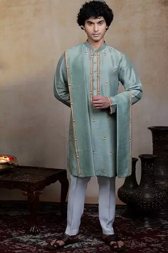 Olive green embroidered silk kurta with dupatta