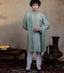 Olive green embroidered silk kurta with dupatta