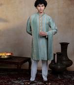 Olive green embroidered silk kurta with dupatta