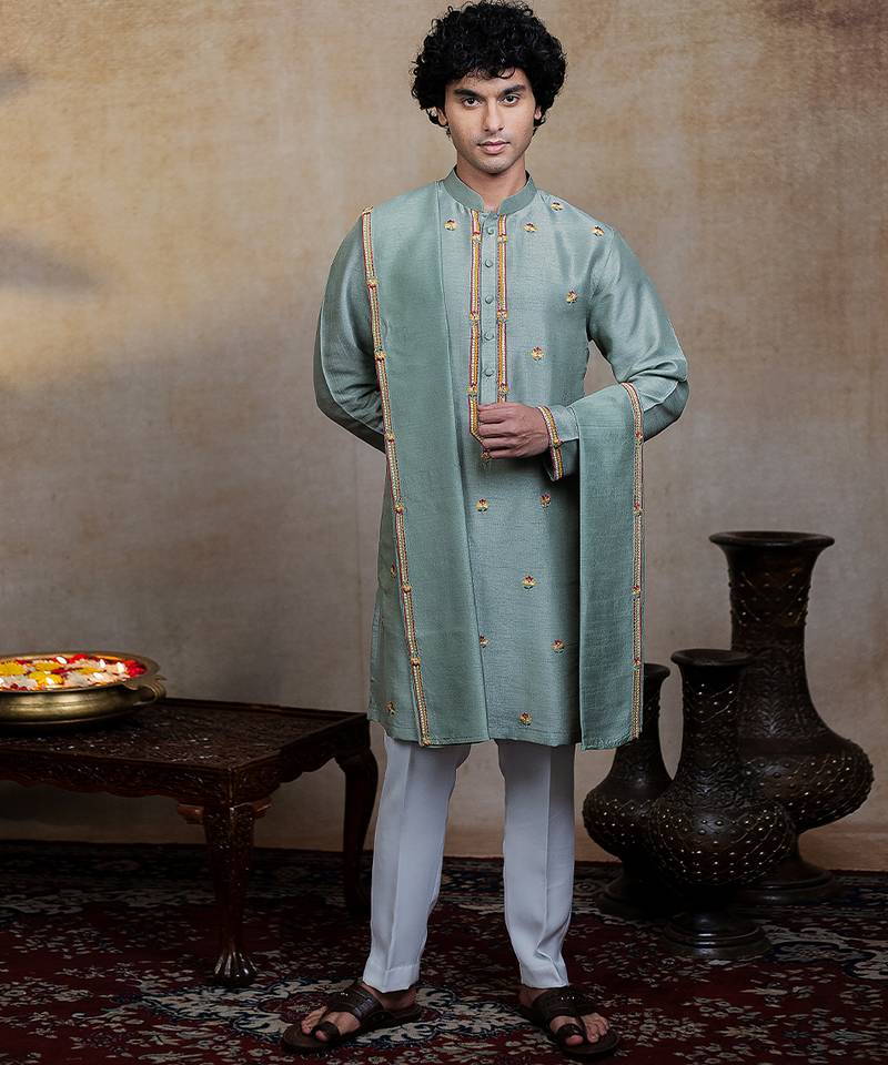 Olive green embroidered silk kurta with dupatta