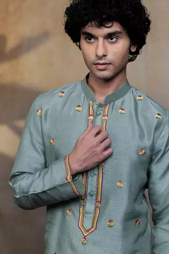 Olive green embroidered silk kurta with dupatta