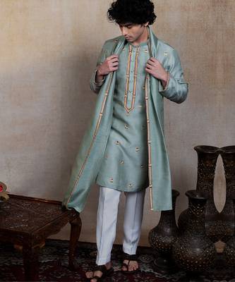 Olive green embroidered silk kurta with dupatta 3