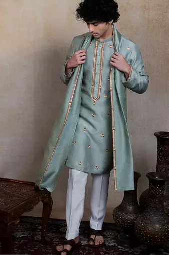 Olive green embroidered silk kurta with dupatta