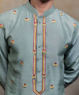 Olive green embroidered silk kurta with dupatta 4