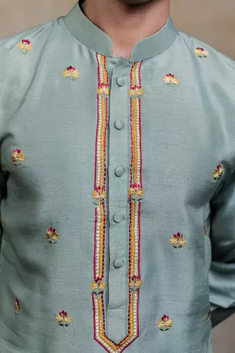 Olive green embroidered silk kurta with dupatta